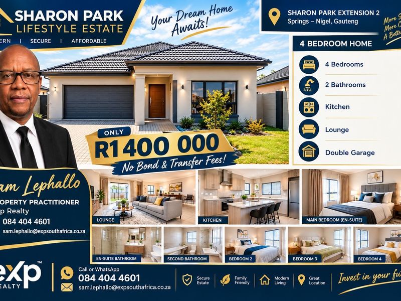 A promotional real estate flyer for a four-bedroom house in Sharon Park, featuring property details, agent contact information, and interior room previews.
