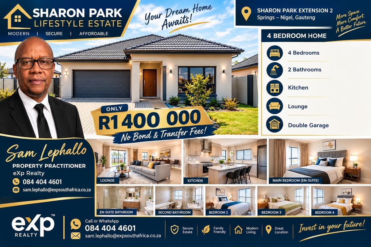 A promotional real estate flyer for a four-bedroom house in Sharon Park, featuring property details, agent contact information, and interior room previews.