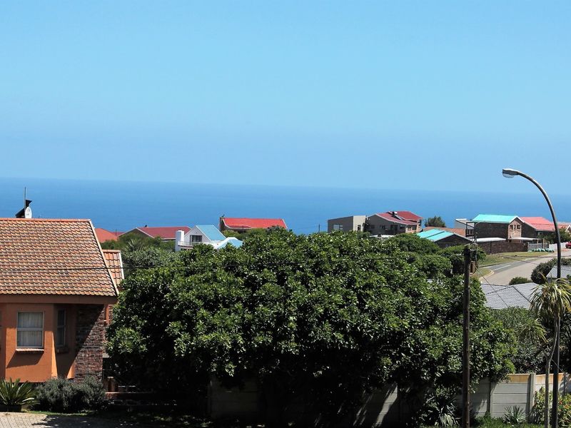 A scenic elevated view overlooking a residential neighborhood with a clear horizon line of the ocean in the distance.