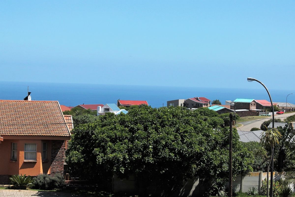 A scenic elevated view overlooking a residential neighborhood with a clear horizon line of the ocean in the distance.