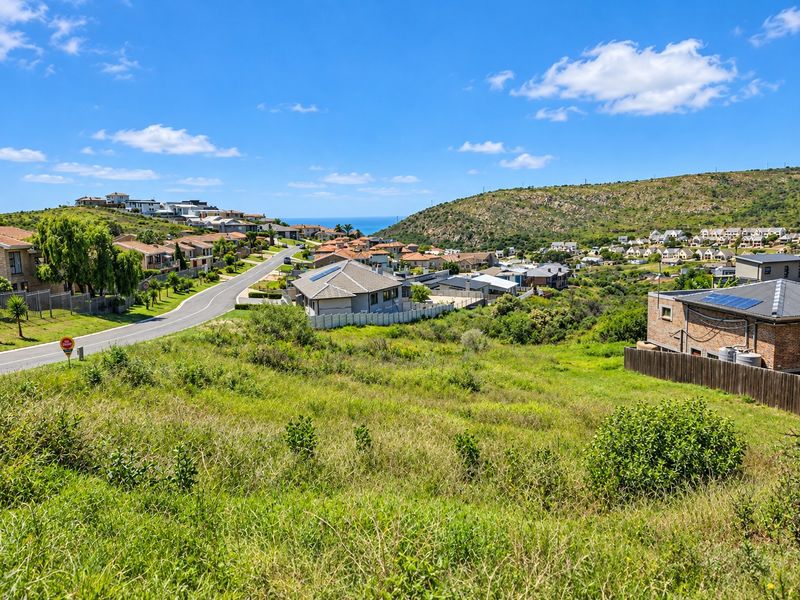 An elevated view of a residential neighborhood with sloped terrain and distant coastal scenery.