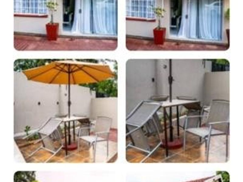 A collage showing the exterior rear of the property, featuring a paved patio area, sliding glass doors, and a tiled roof structure.