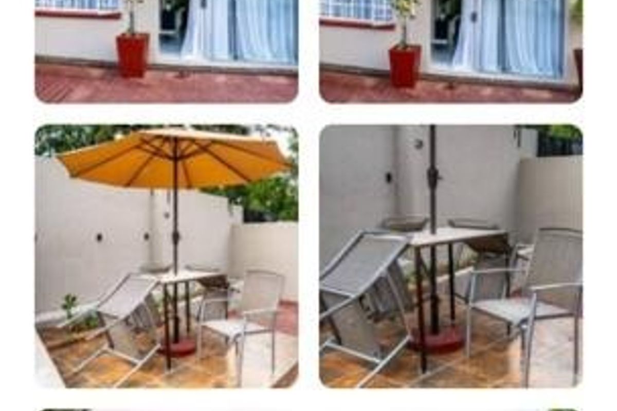 A collage showing the exterior rear of the property, featuring a paved patio area, sliding glass doors, and a tiled roof structure.