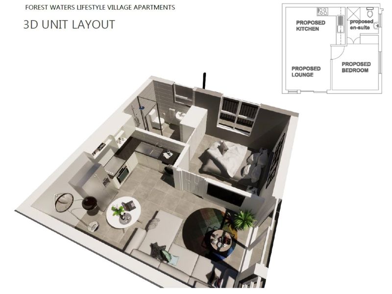 A 3D floor plan rendering of an apartment unit showing the layout of the kitchen, lounge, bedroom, and en-suite bathroom.