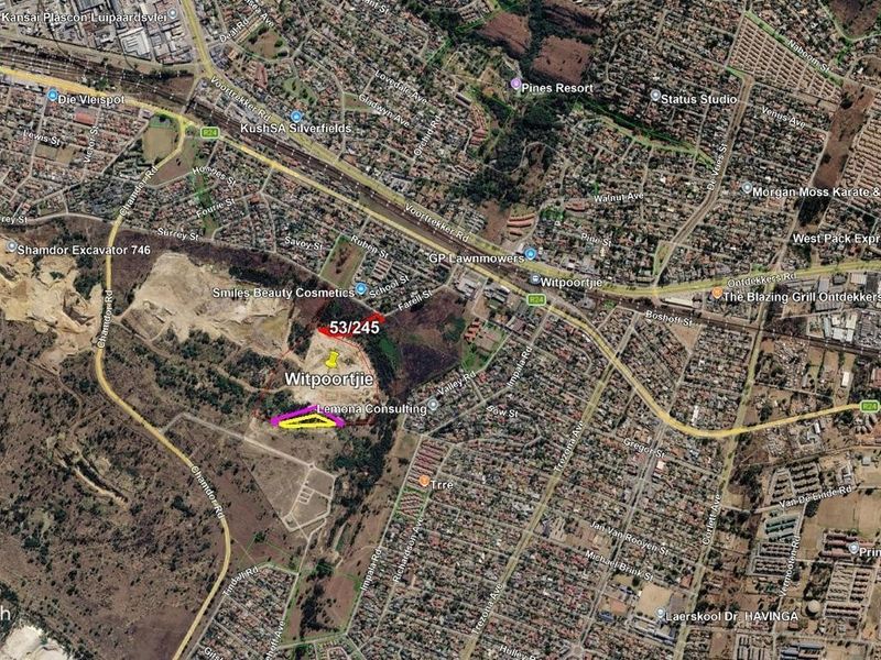 An aerial satellite view showing the location of the vacant commercial land parcel within the Witpoortjie area.
