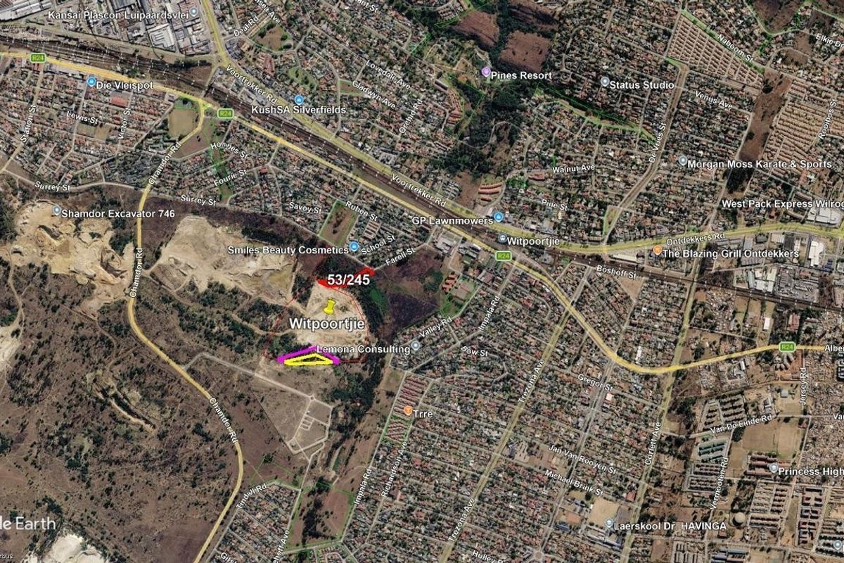 An aerial satellite view showing the location of the vacant commercial land parcel within the Witpoortjie area.