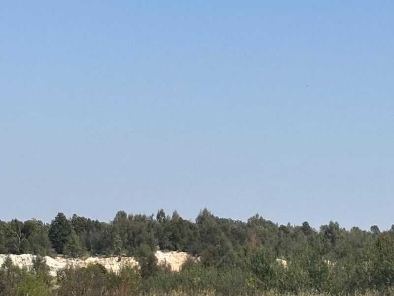 A view of the vacant commercial land featuring natural vegetation and open green space under a clear blue sky.