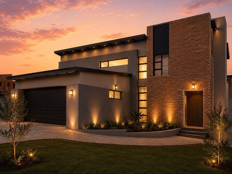 Modern architectural home featuring a striking brick facade, double garage, and professionally landscaped garden with integrated exterior lighting at dusk.