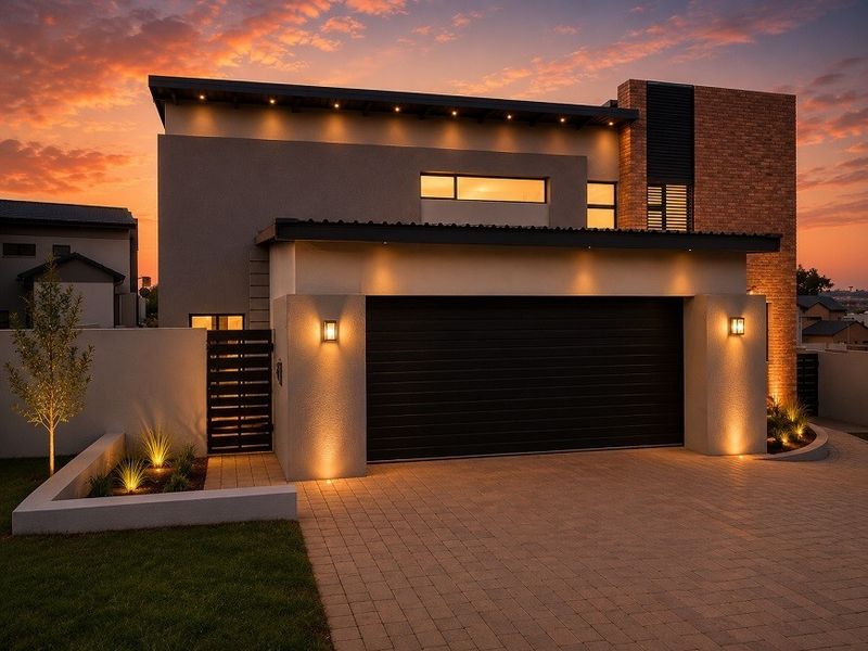 Modern contemporary home exterior featuring a paved driveway, double garage, and integrated architectural lighting at dusk.