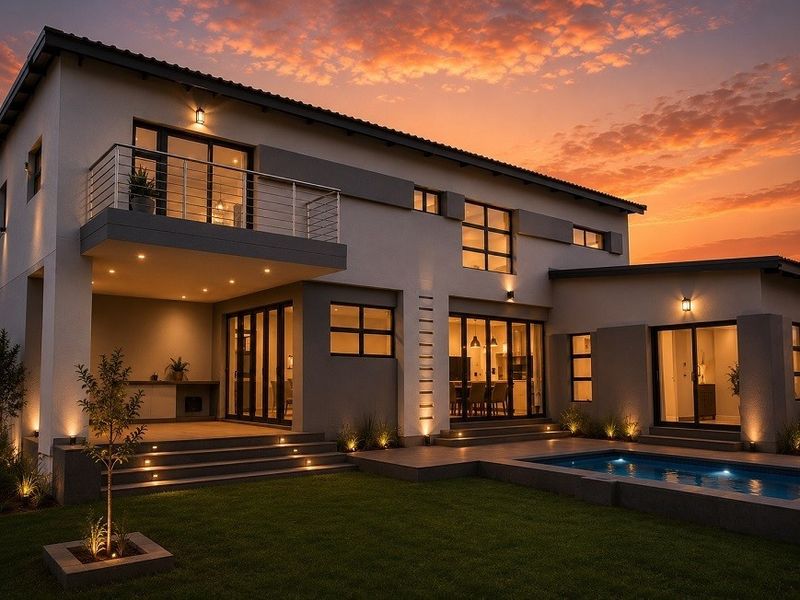 Modern double-story rear elevation featuring a swimming pool, covered patio, upper balcony, and extensive glass sliding doors at sunset.