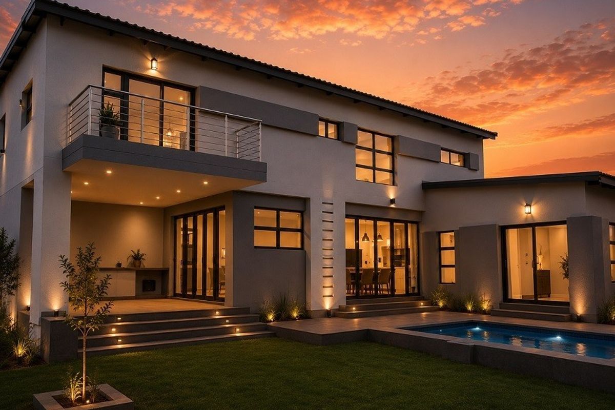 Modern double-story rear elevation featuring a swimming pool, covered patio, upper balcony, and extensive glass sliding doors at sunset.