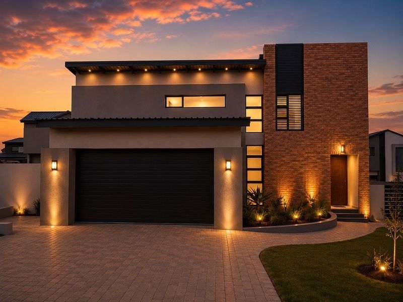 Modern architectural home featuring a brick facade, paved driveway, automated garage, and integrated exterior lighting at dusk.
