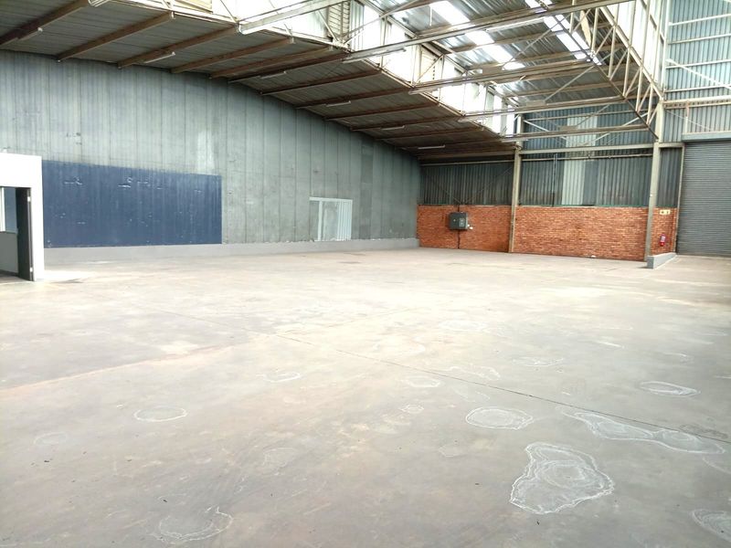 Spacious industrial warehouse unit featuring high ceilings with skylights, concrete flooring, and a large roller shutter door, suitable for various commercial or storage uses.