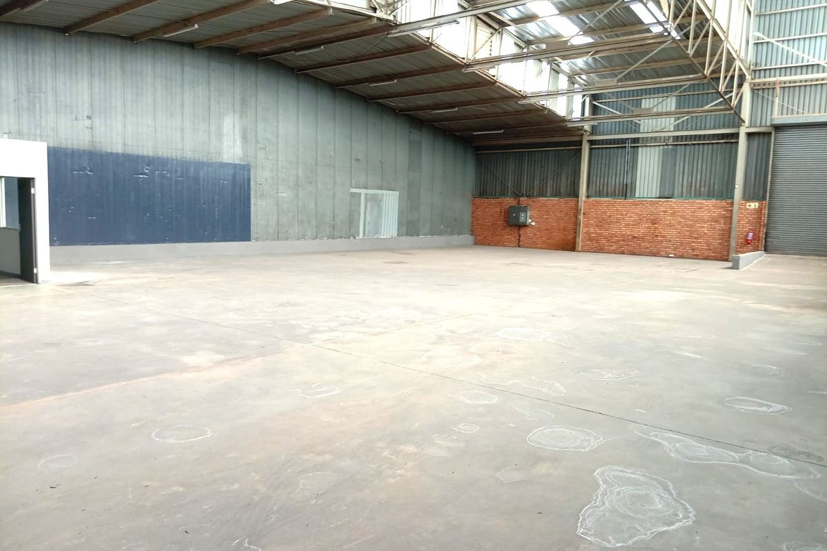 Spacious industrial warehouse unit featuring high ceilings with skylights, concrete flooring, and a large roller shutter door, suitable for various commercial or storage uses.