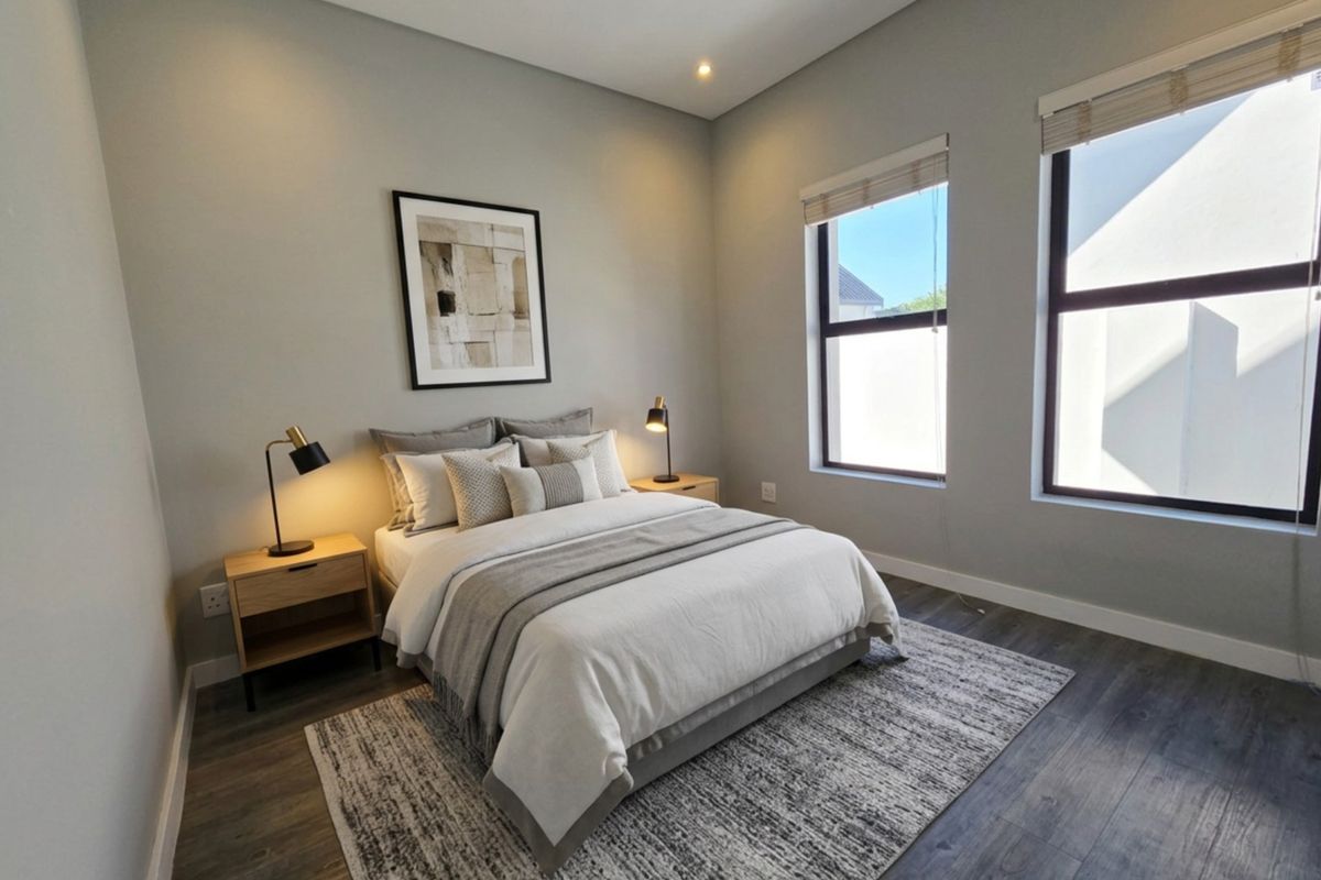 A well-maintained bedroom featuring modern laminate flooring, neutral wall tones, and large windows with fitted roller blinds, providing ample natural light.