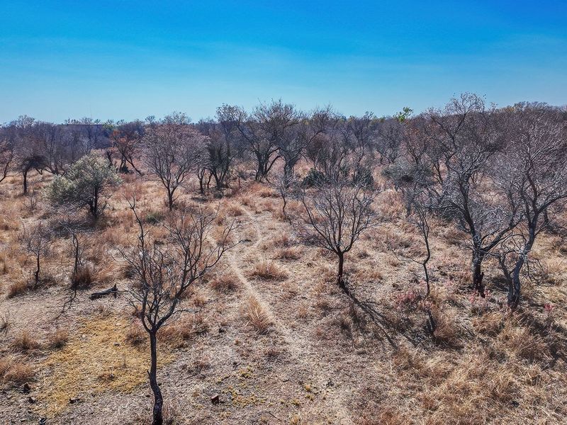 An aerial view of a vacant residential plot featuring natural dry bushveld vegetation and open terrain.
