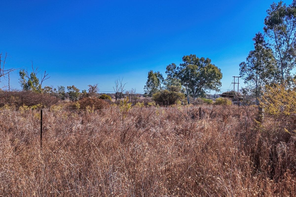 A view of a vacant residential plot featuring dry vegetation, wire fencing, and mature trees under a clear blue sky.