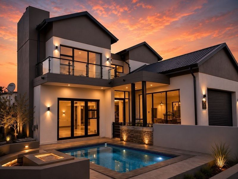 Modern double-story residence featuring a sleek swimming pool, integrated patio lighting, glass balcony balustrades, and contemporary architectural finishes at sunset.