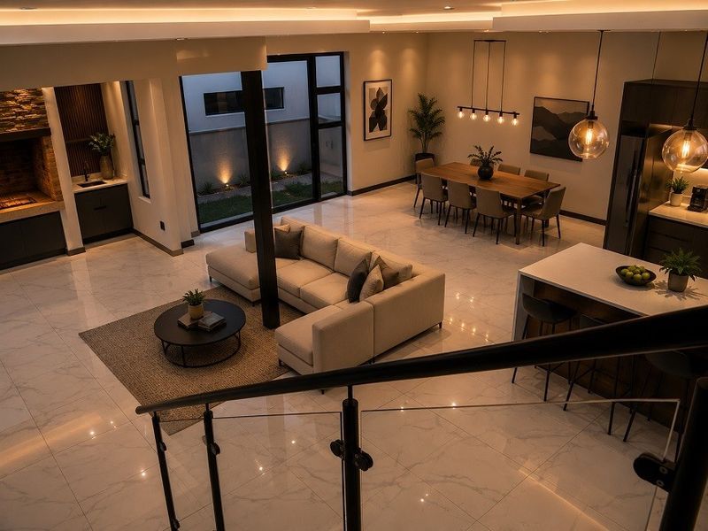 Spacious open-plan living area featuring high-end marble-look flooring, modern recessed lighting, and a sleek kitchen island, seamlessly connecting to the outdoor space.