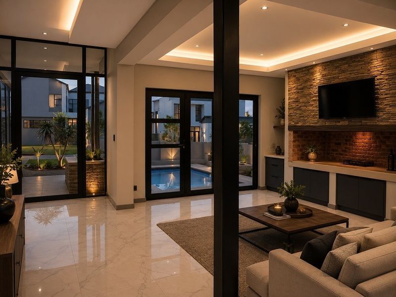 Modern living room featuring a stone accent wall, built-in cabinetry, recessed cove lighting, and large glass doors opening to a pool area.