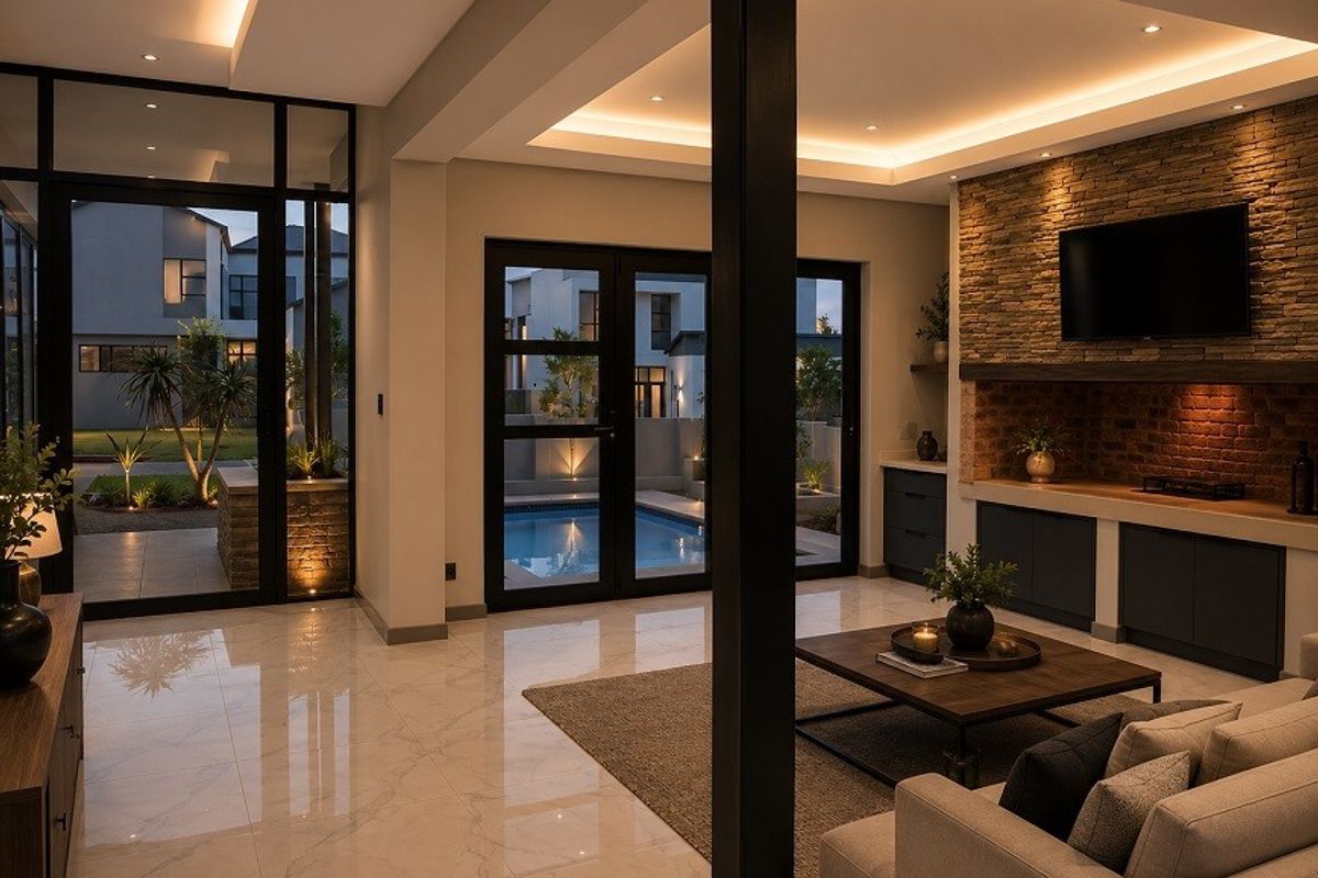 Modern living room featuring a stone accent wall, built-in cabinetry, recessed cove lighting, and large glass doors opening to a pool area.