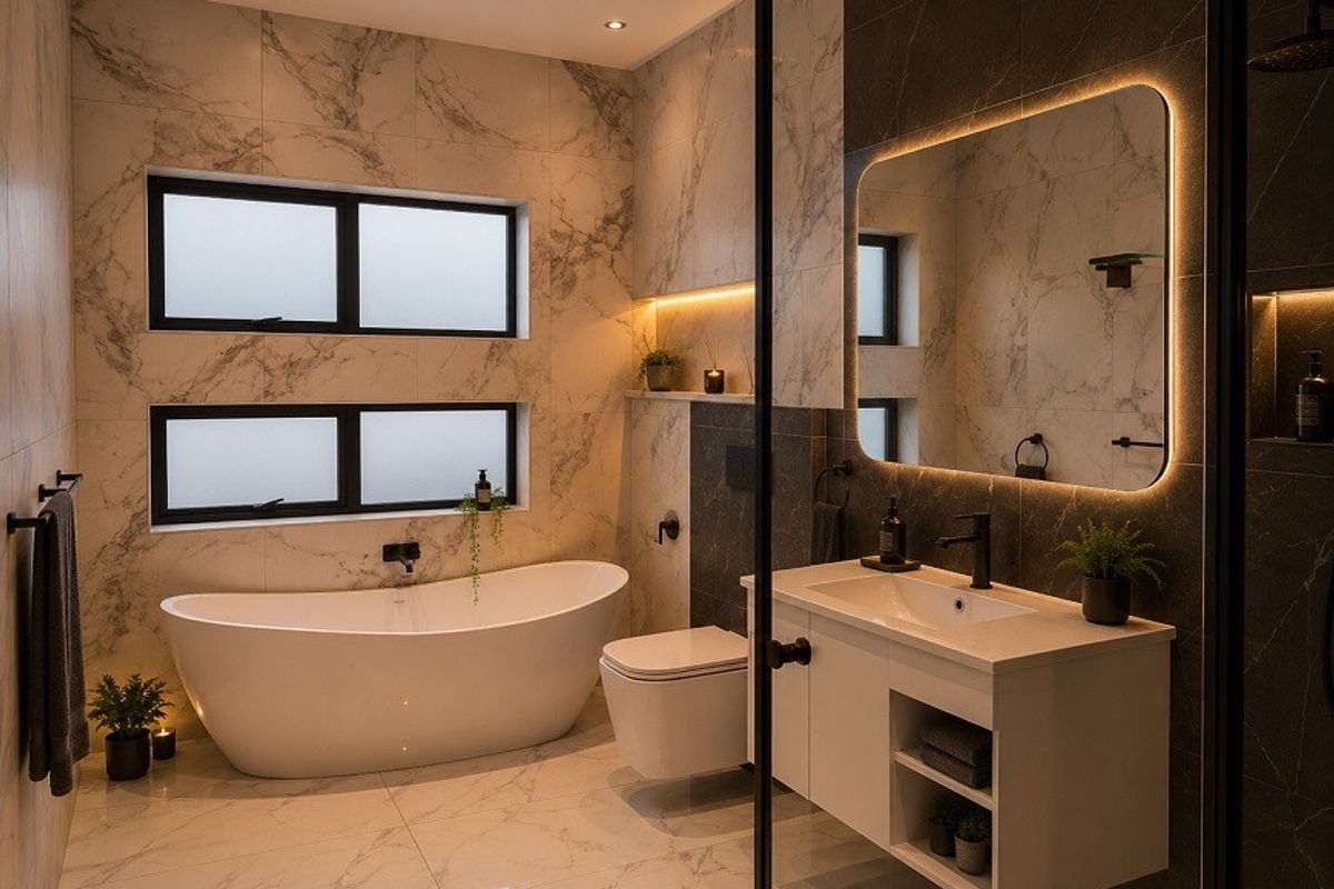 Modern luxury bathroom featuring a freestanding bathtub, wall-hung vanity, back-to-wall toilet, and elegant marble-look tiling with ambient LED lighting.