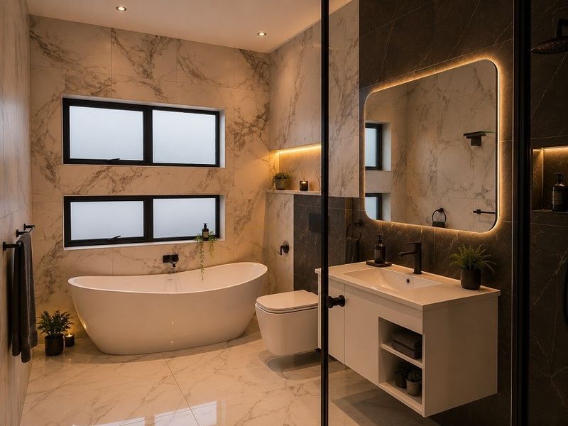 Modern luxury bathroom featuring a freestanding bathtub, wall-hung vanity, back-to-wall toilet, and elegant marble-look tiling with ambient LED lighting.