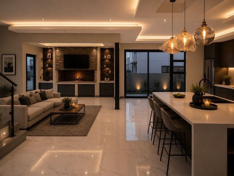 Modern open-plan living area featuring a stone fireplace, built-in cabinetry, a large kitchen island with pendant lighting, and seamless access to the outdoor space.