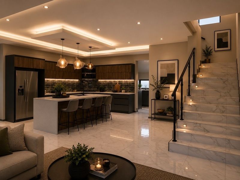 Modern open-plan kitchen and living area featuring a large island, sleek cabinetry, marble-look flooring, and an elegant staircase with integrated lighting.