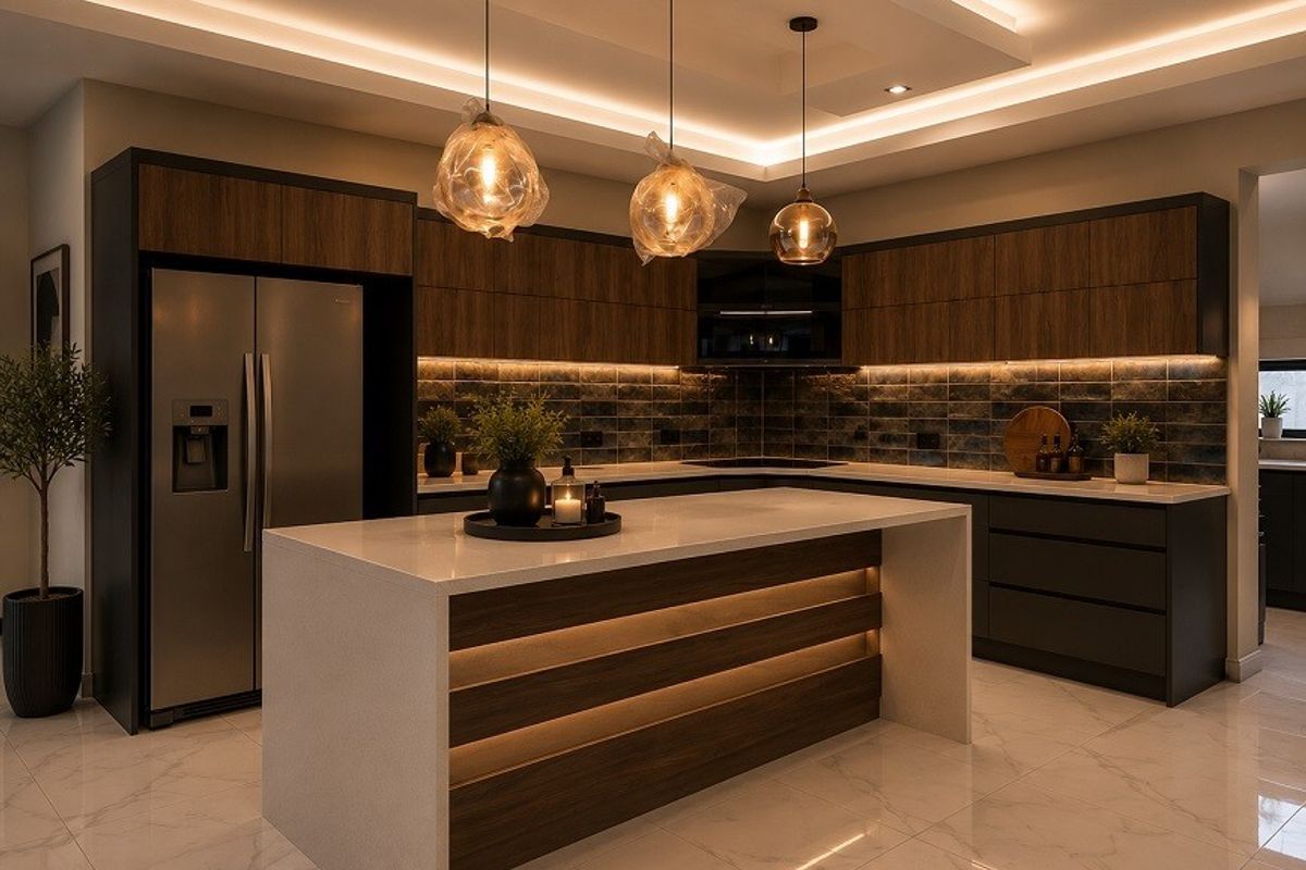 Modern kitchen featuring a central island with stone countertops, dark wood cabinetry, integrated lighting, and high-end finishes throughout.