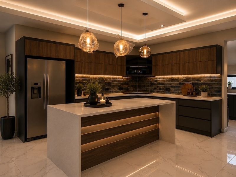 Modern kitchen featuring a central island with stone countertops, dark wood cabinetry, integrated lighting, and high-end finishes throughout.