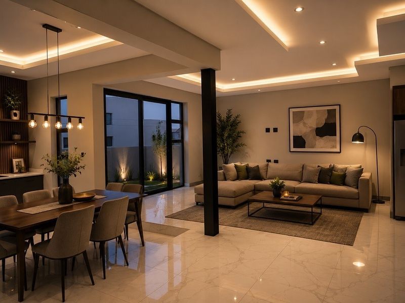 Modern open-plan living and dining area featuring high-end finishes, recessed cove lighting, polished porcelain tiles, and large sliding doors opening to a landscaped garden.