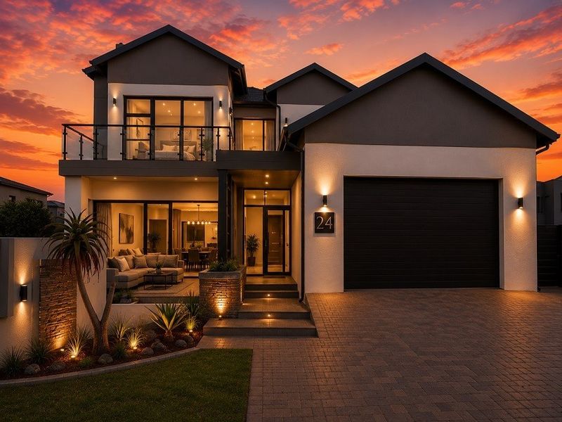 Modern double-story residential facade featuring a paved driveway, integrated double garage, upper-level balcony, and sophisticated exterior lighting at sunset.