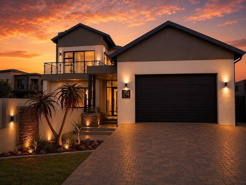 Modern double-storey home exterior featuring a paved driveway, double garage, and an upper-level balcony with glass balustrades at sunset.