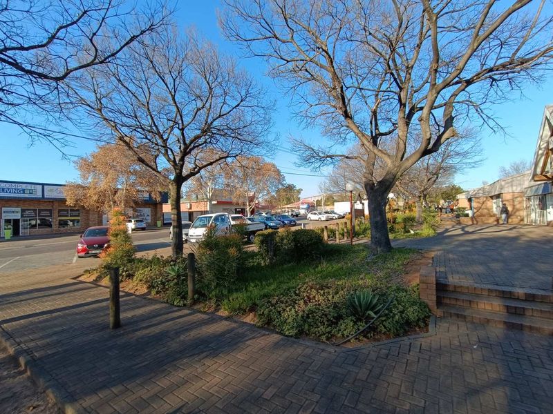 Exterior view of a commercial property featuring paved walkways, landscaped garden beds, and established trees in front of retail storefronts.