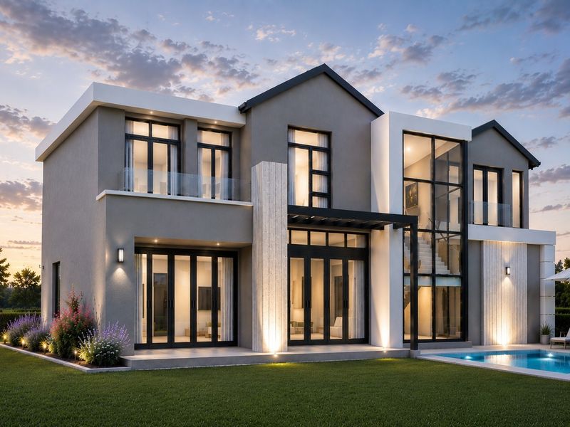Modern double-story residence featuring expansive glass facades, a private swimming pool, and a landscaped rear garden at dusk.