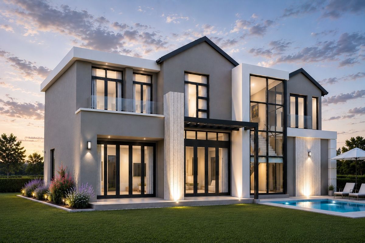 Modern double-story residence featuring expansive glass facades, a private swimming pool, and a landscaped rear garden at dusk.