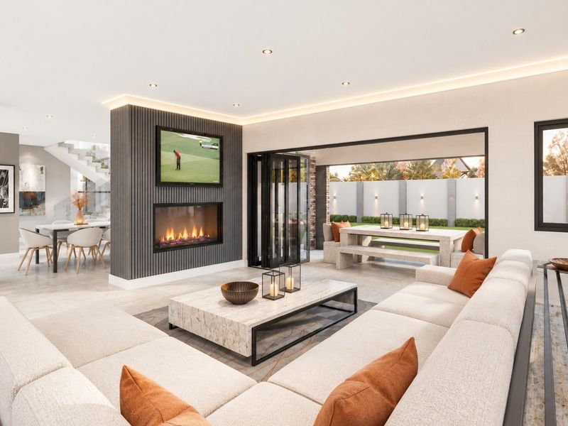 Modern open-plan living area featuring a sleek gas fireplace, slatted feature wall, and seamless indoor-outdoor flow through large bi-fold doors to the patio.