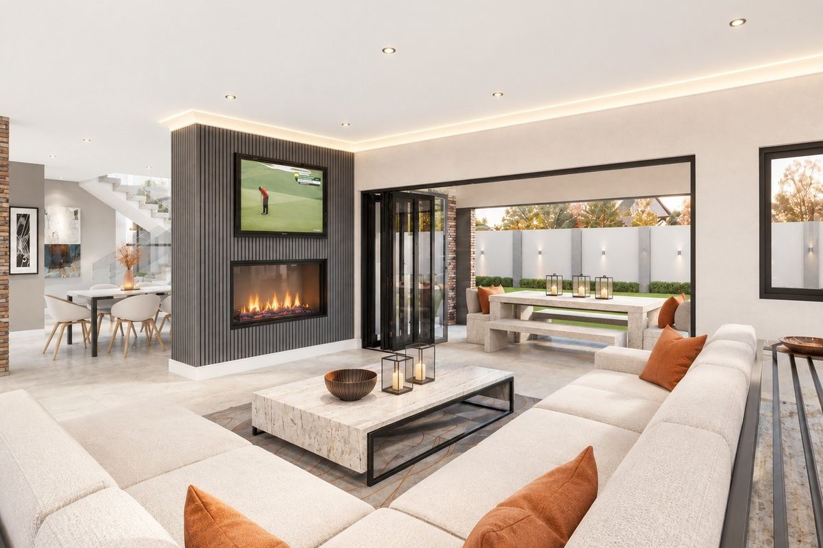 Modern open-plan living area featuring a sleek gas fireplace, slatted feature wall, and seamless indoor-outdoor flow through large bi-fold doors to the patio.