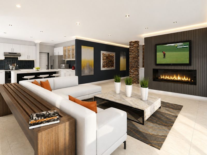 Modern open-plan living area featuring a sleek kitchen with island, integrated fireplace, and contemporary stone feature wall with recessed lighting.