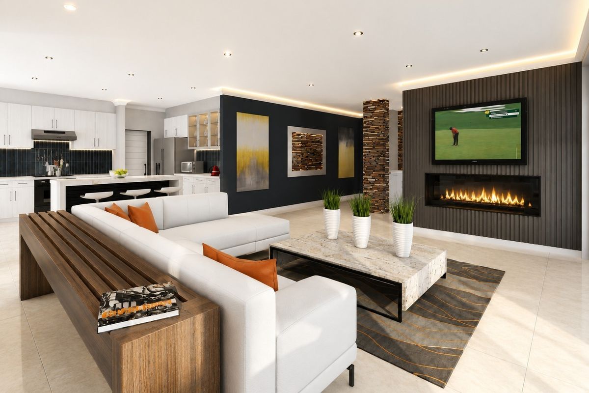 Modern open-plan living area featuring a sleek kitchen with island, integrated fireplace, and contemporary stone feature wall with recessed lighting.