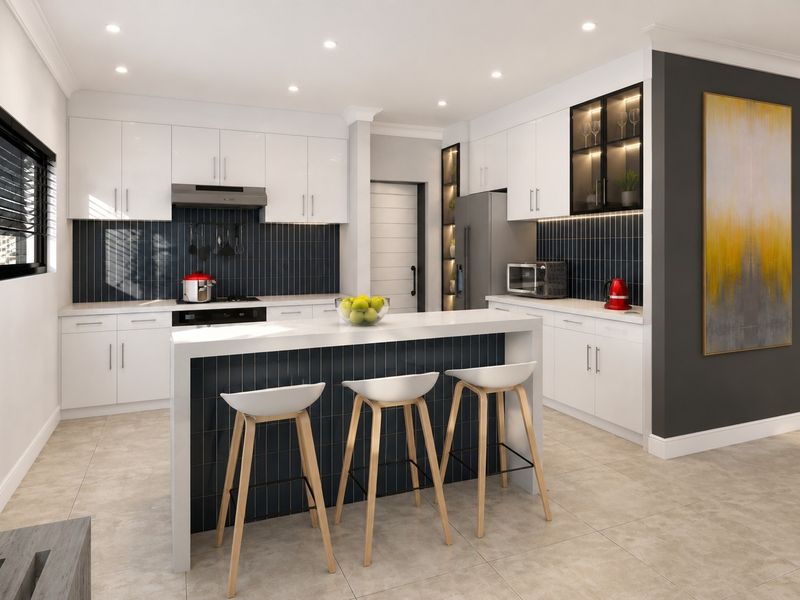 Modern kitchen featuring white cabinetry, dark tiled backsplash, stone countertops, a central island, and integrated lighting.
