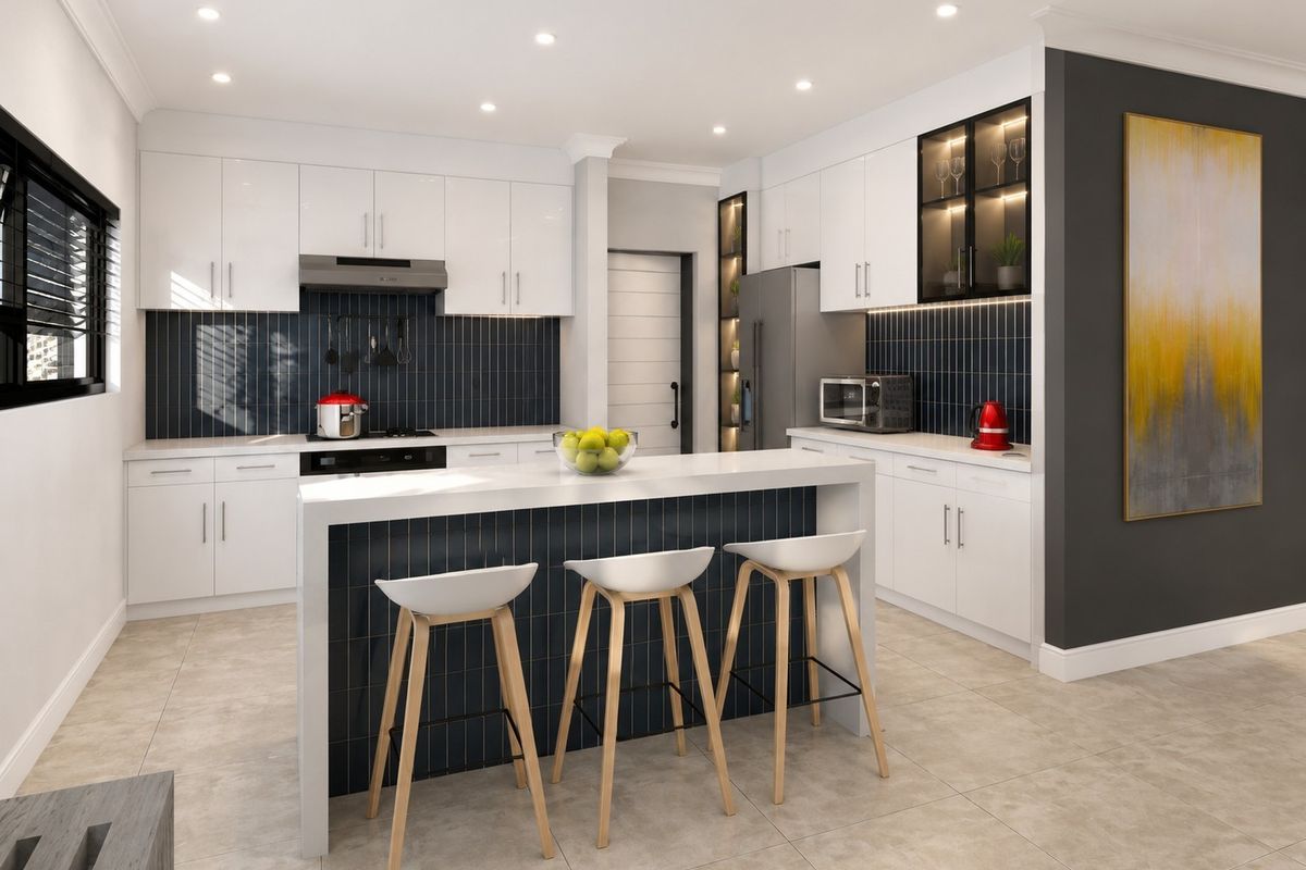 Modern kitchen featuring white cabinetry, dark tiled backsplash, stone countertops, a central island, and integrated lighting.