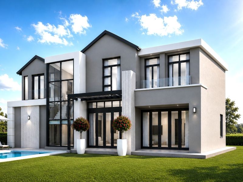 Modern two-story luxury residence featuring a swimming pool, expansive glass facade, and a covered patio area overlooking the landscaped garden.