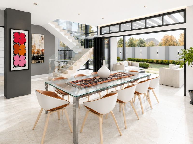 Modern open-plan dining area featuring sleek tiled floors, a contemporary glass staircase, and large bi-fold doors opening to a landscaped rear garden.
