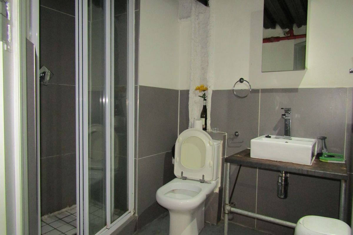 A compact bathroom featuring a shower enclosure, toilet, and vessel sink with exposed industrial-style plumbing and unfinished ceiling details.