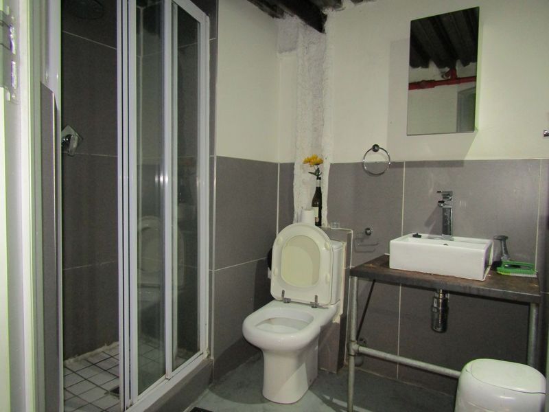 A compact bathroom featuring a shower enclosure, toilet, and vessel sink with exposed industrial-style plumbing and unfinished ceiling details.
