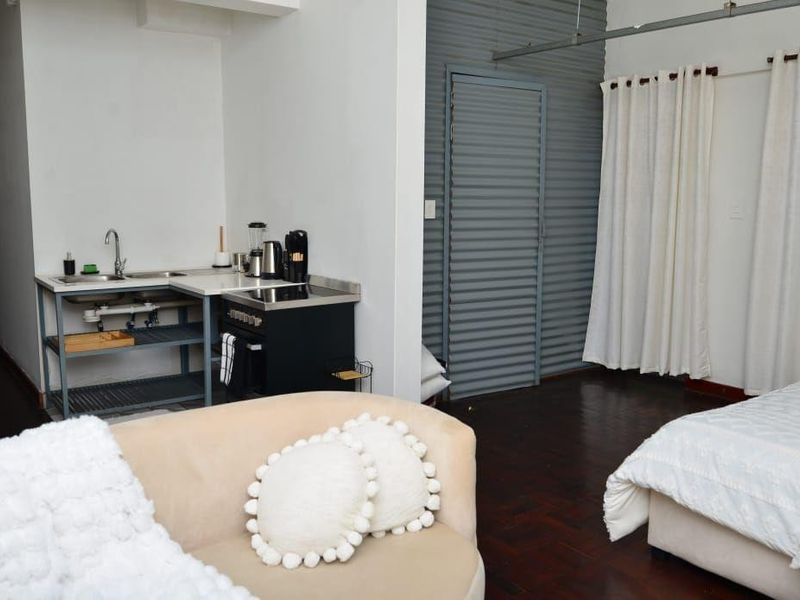 Open-plan studio apartment featuring a kitchenette with built-in stove, sink, and dark parquet flooring, complemented by a textured corrugated metal wall feature.