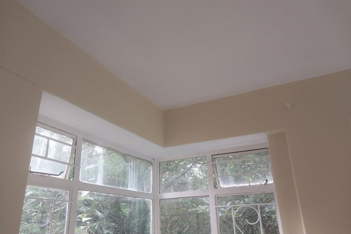 A bright, empty living area featuring large aluminium-framed windows with integrated security bars, offering a view of the surrounding greenery.