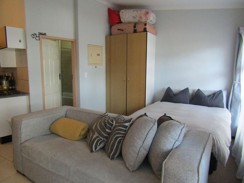 Compact open-plan studio apartment featuring a combined living and sleeping area with built-in storage and an adjacent kitchen space.